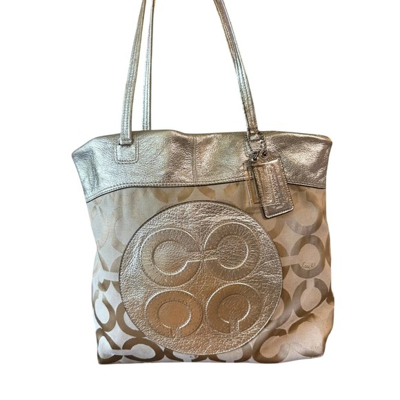 Coach Metallic Gold Signature Tote Bag – Lavender Lining & Leather Trim - Picture 1 of 7